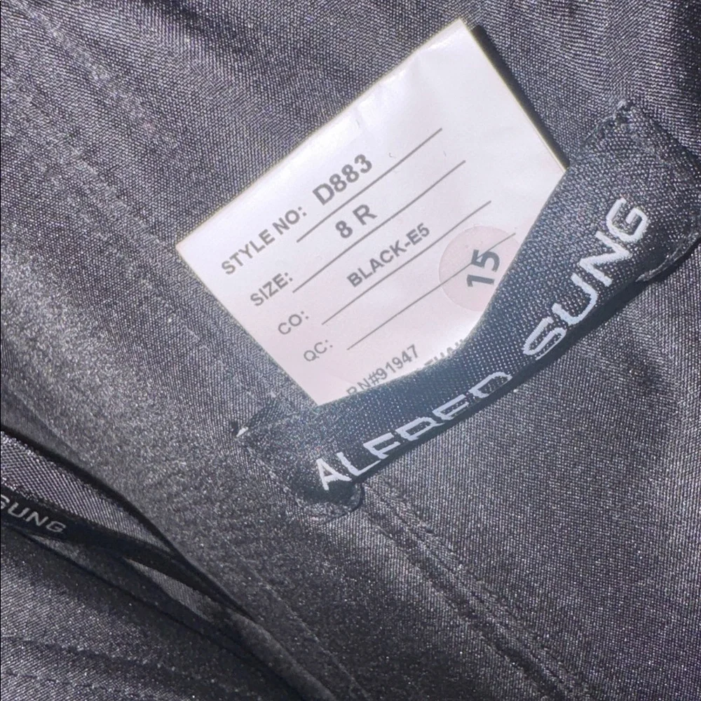 NEW Alfred Sung Bow Basque neck Off the Shoulder Satin Column Black Gown Sz 8 - Picture 5 of 7